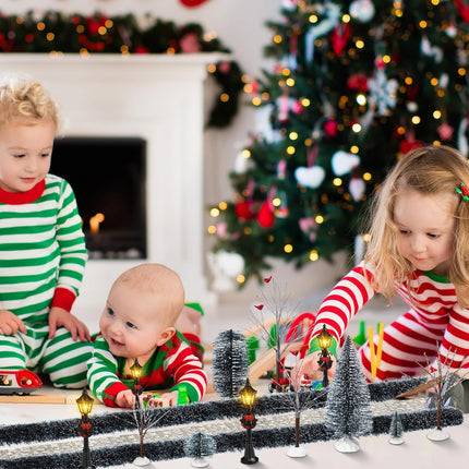 Hotop 18 Pcs Christmas Village Set Mini Snow Covered Christmas Trees Street Lights Christmas Village Accessories for Table Display Winter Decor Holiday Outdoor DIY Crafts(Joyous)