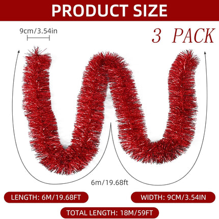 3 Pieces 59 Feet Christmas Foil Tinsel Garland, Metallic Tinsel Twist Garland Shiny Hanging Decorations for Holiday Tree, Party Supplies for Wedding, Birthday, Christmas (Red)