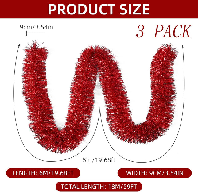 3 Pieces 59 Feet Christmas Foil Tinsel Garland, Metallic Tinsel Twist Garland Shiny Hanging Decorations for Holiday Tree, Party Supplies for Wedding, Birthday, Christmas (Red)