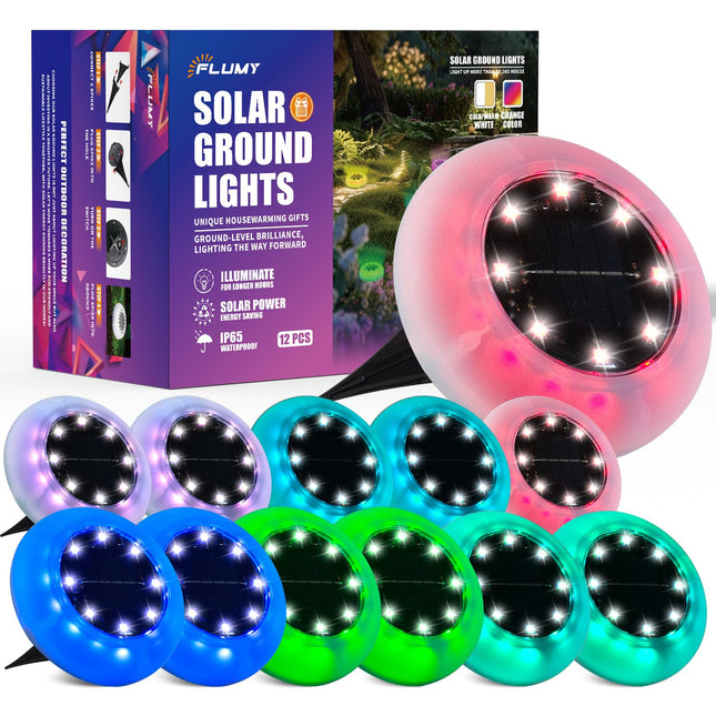 Flumy Solar Color Changing Lights, Solar Lights Outdoor Waterproof, 12 Pack in-Grond Lights Outdoor Solar Lights for Yard Patio Garden Lawn Deck Outside Pathway Walkway Sidewalk Christmas Decoration