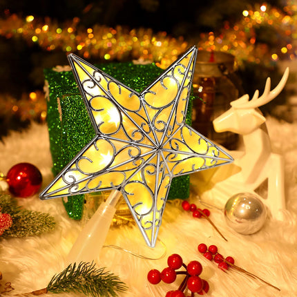 Nuanchu Christmas Star Tree Topper Ornament 10.4 inch x 9.4 inch Glitter Tree Topper with 20 LED Lights Xmas Tree Topper Reflector Star Treetop Lighted Christmas Tree Decorations Plastic Star(Silver)