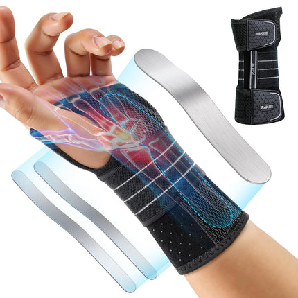 Rakiie Carpal Tunnel Wrist Brace Left Hand, Adjustable Night Wrist Support with 3 Metal Splints, Hand Brace for Men Women No Pressure on Thumb, Splint Stabilizer for Work, Arthritis, Gray Medium - Left Hand
