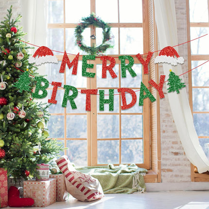 Christmas Decorations Indoor Merry Birthday Party Banners, Glittery Christmas Decor Banner for Party, Red Green Christmas Tree Garland Banner Home Fireplace Decor Xmas Decorations