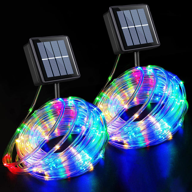 YEGUO Christmas Lights Solar, 2 Pack Each 33ft 100 LED Rope Lights Outdoor Waterproof, 8 Modes Camping String Lights Clear PVC Tube for Trampoline Accessories Party Tree Fence(Multicolor)