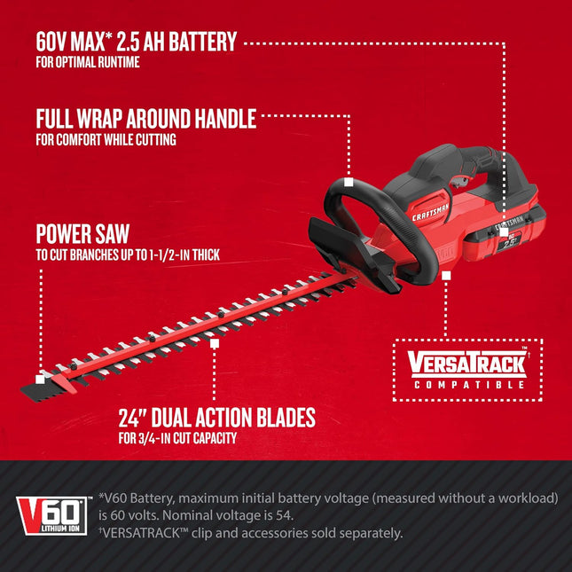 CRAFTSMAN V60* Cordless Hedge Trimmer, 24-Inch (CMCHTS860E1)