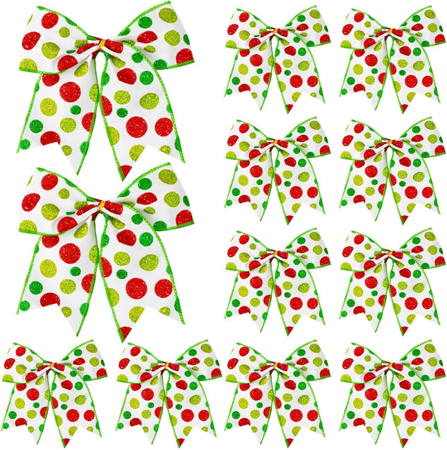 12 Pcs Red Green Christmas Bows,6 Inch Large Christmas Wreaths Bows for Tree Wrapping Garland,Christmas Decoration Holiday Party Crafts Xmas Tree Ribbon Ornaments (Glitter dot-Green)