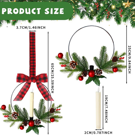 Lighted Christmas Kitchen Cabinet Wreath with Ribbon Bow Xmas Wreath LED Lights Farmhouse Artificial Cabinet Hanging Artificial Wreath Christmas Decorations for Door Wall Christmas Party