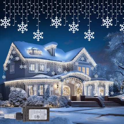 Minetom Snowflake Icicle Lights Outdoor, 20FT 200 LED Icicle Lights with Timer,24 Drops,8 Modes, Connectable Icicle Lights for Outside, Waterproof Icicle Christmas Lights Outdoor Decoration,Pure White