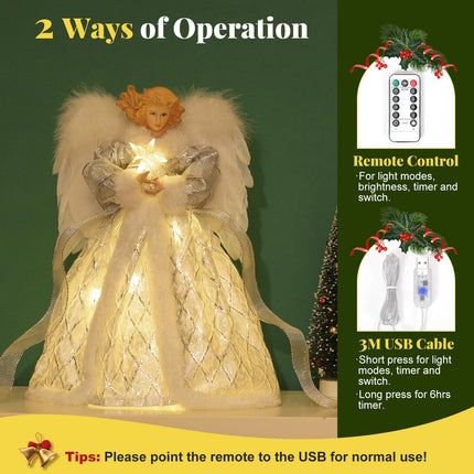 Lewondr Christmas Tree Topper Angel, 12'' Angel Tree Topper with 8 Lights, Remote & USB Operated Angel Treetop Figurine with Wings, 6H Timer Xmas Tree Decor for Holiday Home Ornament, Silver
