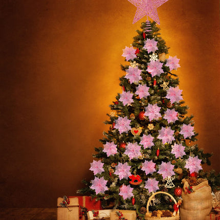 38 Pcs Christmas Tree Decorations Set Include Sequin Christmas Tree Skirt Star Christmas Tree Topper and 36 Artificial Glitter Christmas Flowers for Xmas Party Holiday Christmas Home Decor (Pink)