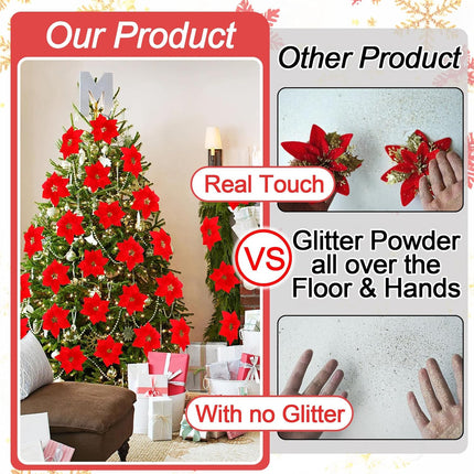 Luyue 12 PCS Real Touch Poinsettia Flowers Artificial Poinsettia Christmas Decorations Red Poinsettia Picks Fake Christmas Flower with Stems and Clips Xmas Floral for Christmas Tree Wreath Home Decor