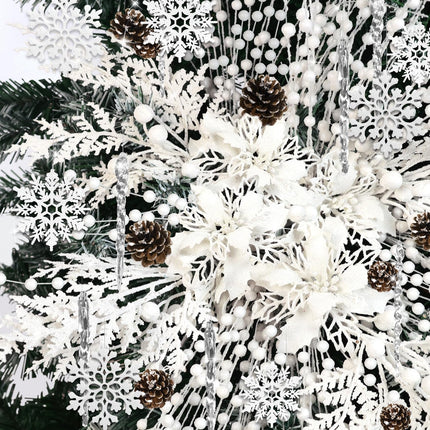 84 Piece Christmas Tree Ornaments Set, Christmas Glitter Berries Stems Poinsettia Flower Artificial Snowflake Icicle Drop - Christmas Decoration DIY Xmas Wreath Holiday Home Party Decor (White)