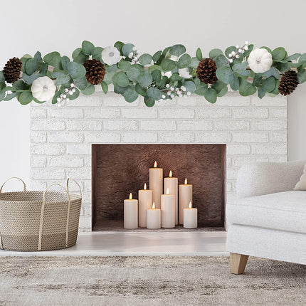 Winlyn 2 Pack White Pumpkin Garland Artificial Eucalyptus Garland with White Pumpkins Pinecones Berries Fall Foliage Garland for Wedding Arch Backdrop Thanksgiving Table Runner Farmhouse Décor