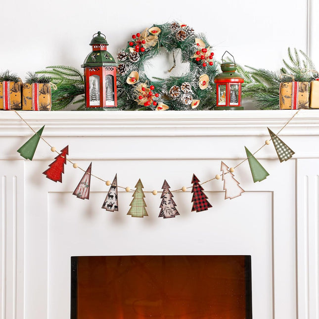 Wooden Rustic Christmas Tree Shaped Banner Farmhouse Christmas Tree Hanging Ornaments Retro Red and Green Xmas Tree Banner for Christmas Party Home Wall Decor Mantel Fireplace