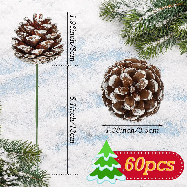 60 Pcs Pine Cones for Christmas Tree 1.38 x 5.1 Inch Christmas Pine Cones Picks Frosted Pinecones Ornaments with Wired Pick for Holiday Wreath Garland Party Decor