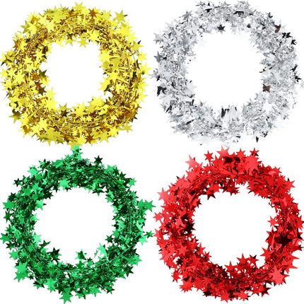 Boao 4 Rolls Christmas Star Wired Garland Xmas Metallic Glitter Star Tinsel Silver Golden Green Red Tinsel Garlands Christmas Tree Party Decorations, 98.4ft
