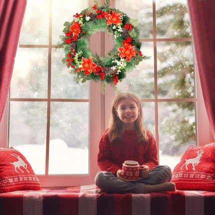 QBA 20 Inch Christmas Wreath for Front Door, Handmade Artificial Wreath with Red Poinsettias Pine Cones Berry Pine Needles for Fireplace Windows Staircase Wall Indoor Outdoor Xmas Decor
