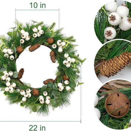 22" Christmas Wreath Artificial Winter Wreaths for Front Door Christmas Door Wreath with White Berries Pine Cones Needles Bells for Christmas and Winter Holidays
