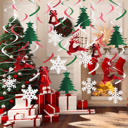 30 Pcs Christmas Hanging Foil Swirl Decorations Set, Xmas Hanging Reindeer Snowflake Green Christmas Tree Bell Swirls Decorations, Hanging String Garland for Indoor Holiday Winter Wall Party Office