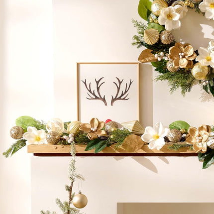 Decorbyhannah Christmas Garland with Lights, 6ft Prelit Gold White Christmas Garland Decorations with Ornaments and Magnolia, Battery Operated Christmas Garland Indoor for Mantle, Fireplace, Stairs