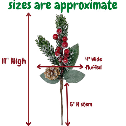 BANBERRY DESIGNS Holiday Pine Snowy Flower Picks 10 Pieces - Snow Flocked Red Holly Berry Pine Cone Floral Sprays -Decoration AMD Crafting - Measures 11" L