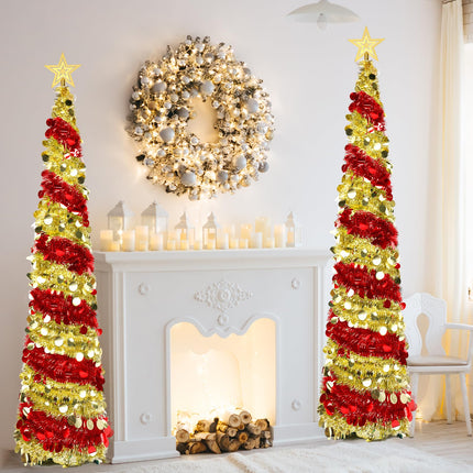 6FT Pop up Christmas Tree Collapsible Tinsel Christmas Tree Slim Shiny Sequins Xmas Tree with Topper Star, Artificial Easy-Assembly Reusable Xmas Tree for Holiday Indoor Home Party Decor(Red+Gold)