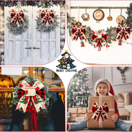 4 Pieces Christmas Buffalo Plaid Bow Burlap Plaid Red and Black Wreath Bows 8 x 8 Inch Christmas Double Layer Xmas Tree Bow for Home Decoration