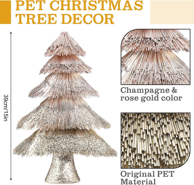 Tabletop Christmas Tree Decoration 15 in Glitter Champagne Gold Artificial Foil Tubes Xmas Tree Artificial Holiday Table Centerpiece Champagne Tabletop Small Xmas Tree for Home Party Craft