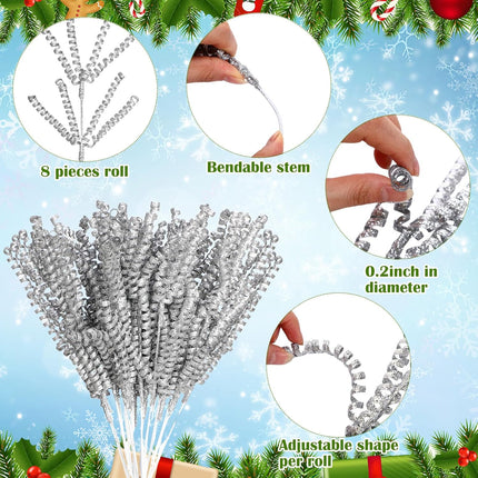 Tigeen 30 Pcs 16.5" Silver Christmas Tree Curly Picks Sprays Artificial Glitter Stems Glittery Twigs Branches for Christmas Tree Ornament Vase Filler DIY Garland Wreath Crafts Holiday Home Decor