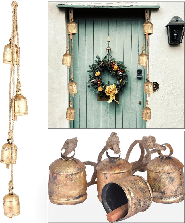 Giant Cow Bells Set Rustic Vintage Lucky Harmony Cow Bells On Rope, 4 Inch 4 Bells Cluster Wall Hanging Décor Harmony Bells, 36 Inch Long Hanging Bell Set