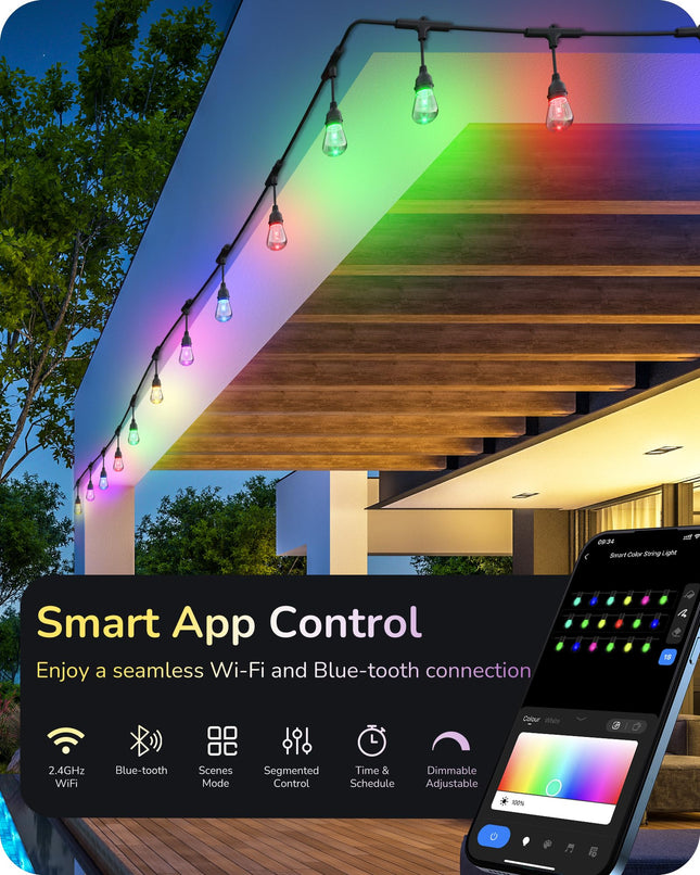 EDISHINE Outdoor Smart String Lights, 48ft Christmas Color Changing Light with 18 RGBW LED Bulbs, APP & Voice Control, Waterproof WiFi Patio Lights for Backyard, Party, Halloween, Holiday Decor