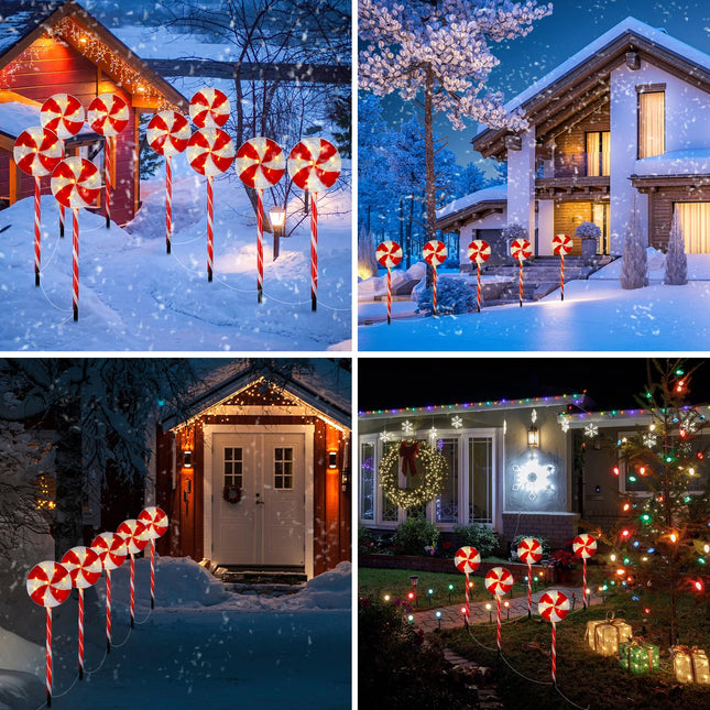 Bencailor 10 Pcs Christmas Pathway Marker Light Xmas Red and White Lollipop Solar Powered Light Christmas Outdoor Decoration Candy Cane Driveway Light Plugin for Yard Patio (Novel)