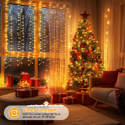 Brightown Cluster Icicle Lights Outdoor, 10FT2.5FT 480 LED Curtain Lights with 12 Mode, Icicle String Lights with Timer, Waterproof Firecracker Christmas Lights Outdoor for Bedroom Indoor, Warm White