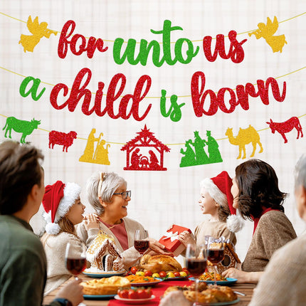 Merry Christmas Decoration For Unto Us A Child is Born Sign Banner Nativity Garland Decor Let Jesus Light Yours Way God Xmas Bible Religious Holiday Year theme Party Event Anniversary Celebration