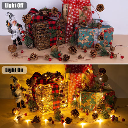 2 Pack Christmas Garland, 6.56 Ft LED String Light with Pine Cones, Red Berries, Bells for Xmas Decor Mantle Fireplace Christmas Holiday Party Thanksgiving Decoration, 20 LED Lights, Battery Operated