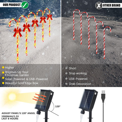 VIHOSE 12 Pcs 30" Solar Christmas Candy Cane Lights Pathway Walkway Markers Light with Red Bow Waterproof Garden String Light Decoration with 120 LED Light Xmas Patio Yard Lawn Driveway