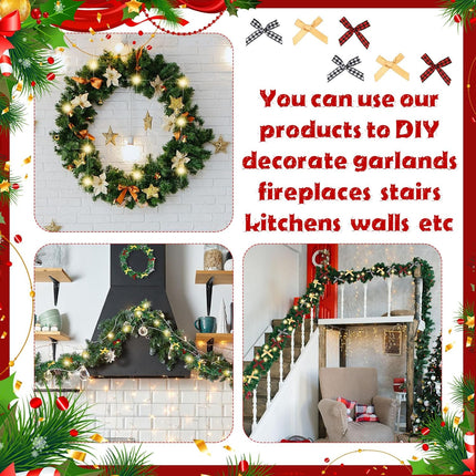 301ft Christmas Garland 17 Artificial Garland Soft Greenery Garland 300 Buffalo Bows and 8 LED Lights with 2 Rope Green Prelit Garland for Xmas Mantel Stair Fireplace Decor