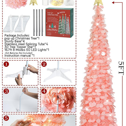 HMASYO 5 FT Pop Up Christmas Tree with Timer Lights, Pink Tinsel Christmas Tree, Collapsible Artificial Pencil Christmas Tree for Indoor Home Apartment Porch Holiday Party Decorations