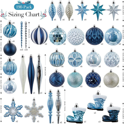 190PCS Christmas Tree Ornaments Set, Shatterproof Plastic Decorative Hanging Balls Ornaments for Holidays Tree, Silver and Blue(Multi-Sizes)