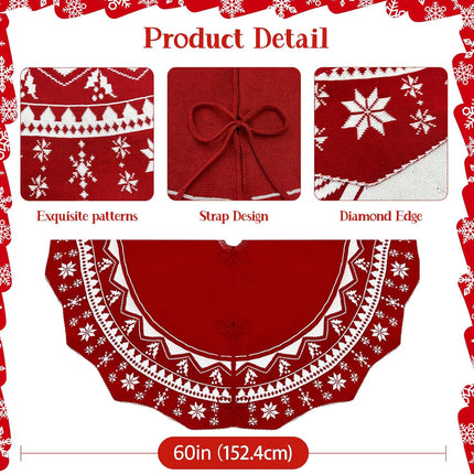 Christmas Tree Skirt 60 Inch, Double-sided Knit Red Tree Skirt with Snowflakes Patterns Large Knitted Xmas Tree Skirt Rustic Tree Skirt for Christmas Trees Party Holiday Christmas Decorations