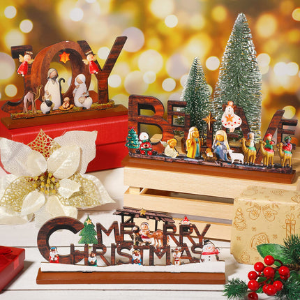 3 Pack Wood Merry Christmas Table Decorations Wooden Nativity Joy Table Centerpiece Sign Farmhouse Christmas Table Topper for Room Table Fireplace Bar Xmas Decor(Vivid Style)