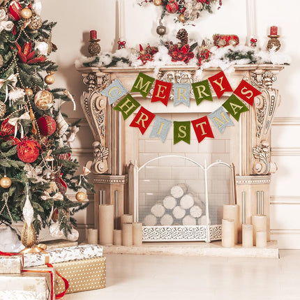 AnyDesign Christmas Banner Glitter Merry Christmas Felt Banner Pre-Assembled Holiday Bunting Garland for Christmas Party Supplies Home Office Farmhouse Front Door Fireplace Mantel Wall Decorations