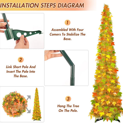 [ Timer ] 6Ft Lighted Fall Pop Up Tree - Artificial Fall Tinel Maple Tree with 100 Warm Lights, Battery Operated Collapsible Pencil Tinsel Fall Trees for Autum Harvest Thanksgiving Porch Home Decor