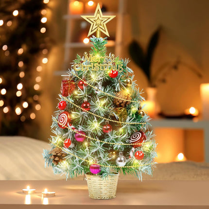 Tabletop Small Xmas Trees, 20" Prelit Mini Christmas Trees with Lights,Battery Operated Artificial Trees with Ball Ornaments,Xmas Lighted Decorations for Home Kitchen Dining