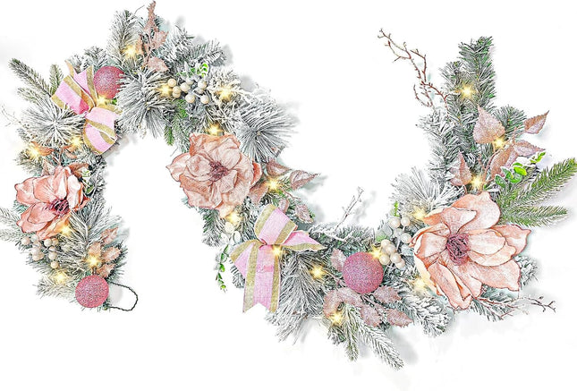 Christmas Garland with Lights,6 FT Prelit Christmas Garland with Pink Flowers,Pink Balls and Berries Xmas Garland for Front Door Fireplace Porch Table Centerpiece Outdoor Decor,Indoor&Outdoor Use