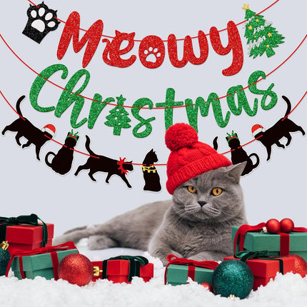 Meowy Christmas Banner, Cat Christmas Decorations, Funny Merry Christmas Banner, Christmas Black Cat Garland, Xmas Christmas Party Supplies, Red Green Black