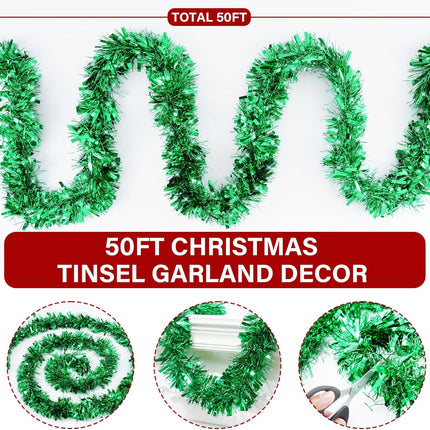 50FT Christmas Tinsel Garland, Green Christmas GarlandTinsel Garlands Christmas Tinsel Ribbon Garlands Tinsel Twist Garland for Indoor for Xmas Tree Holiday Disco Party Christmas Decor