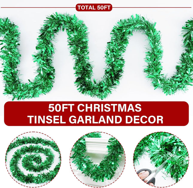 50FT Christmas Tinsel Garland, Green Christmas GarlandTinsel Garlands Christmas Tinsel Ribbon Garlands Tinsel Twist Garland for Indoor for Xmas Tree Holiday Disco Party Christmas Decor