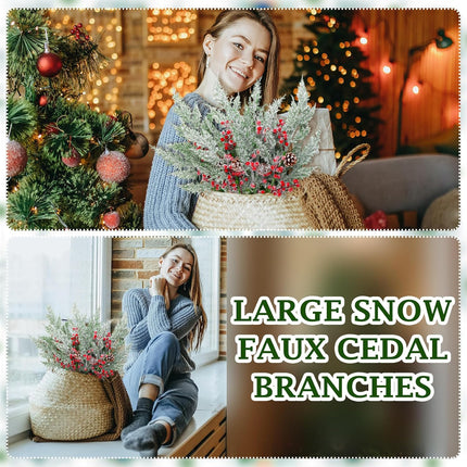 24 Pcs 18.5 Inch Snowy Faux Cedar Branches Frosted Artificial Cedar Picks and Sprays Cedar Twigs Stems Christmas Greenery Stems Green Artificial Cedar Sprigs for Christmas Holiday (Berry Pine Cones)