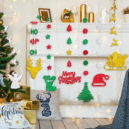 Glitter Christmas Hanging Banner Garland Decorations - Reindeer, Santa hat, Stocking, Tree, Santa Claus and More - Indoor/Outdoor Party Supplies for Birthday, Home, Office, Classroom